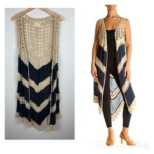 Dreamers‎ Womens Duster Cardigan Size Small Black Cream Boho Crochet Festival
